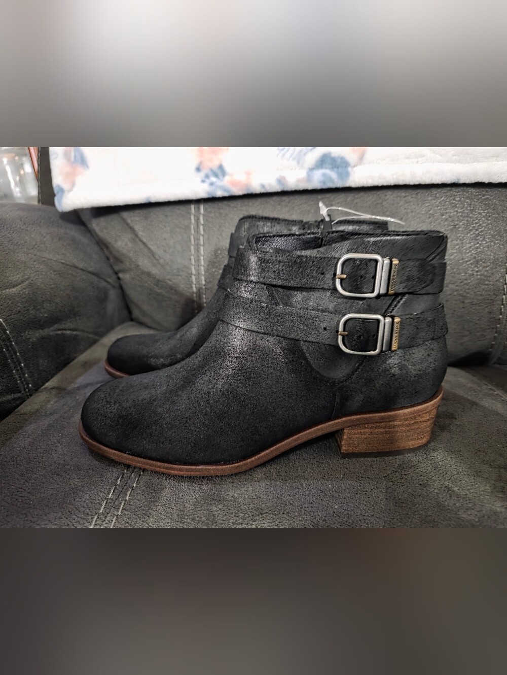 Lucky Brand Black Suede Buckle Ankle Booties